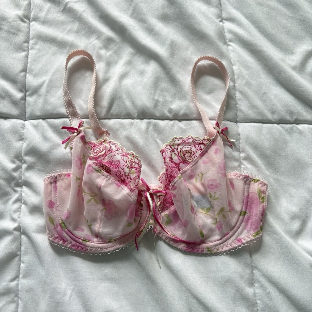 Womens 30DD Bra Pink Unlined Underwire Back Closure Floral Feminine Coquette